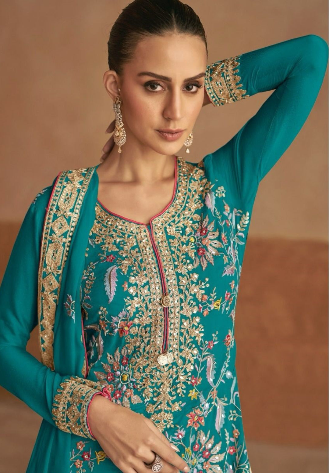 Understated Teal Chinon Palazzo-Bottom Suit Set