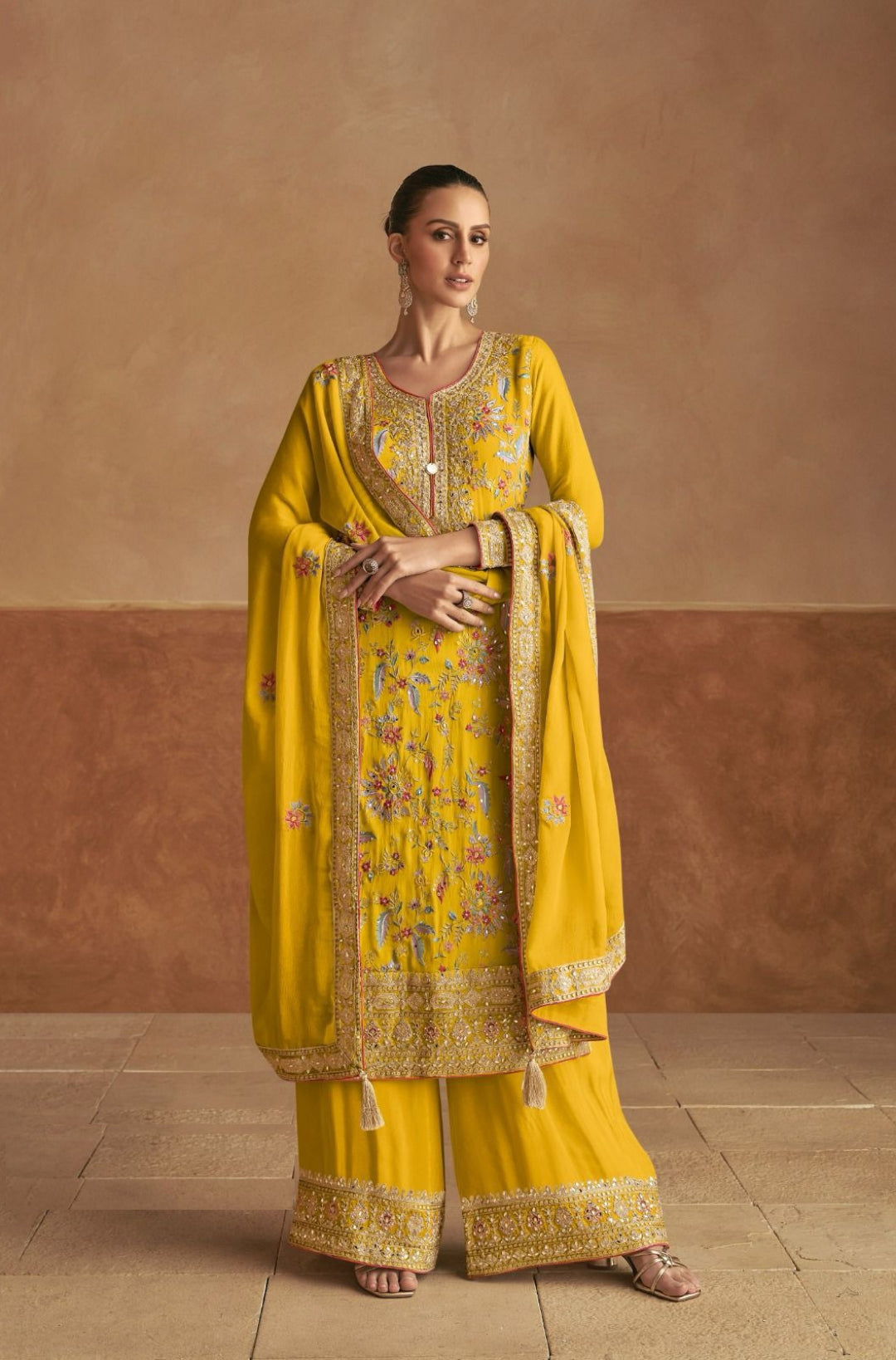 Alluring Mustard Chinon Palazzo-Bottom Suit Set
