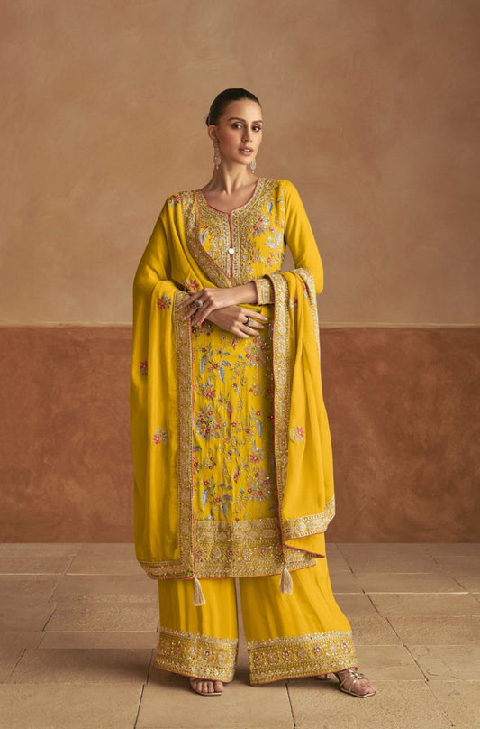 Alluring Mustard Chinon  Palazzo-Bottom Suit Set