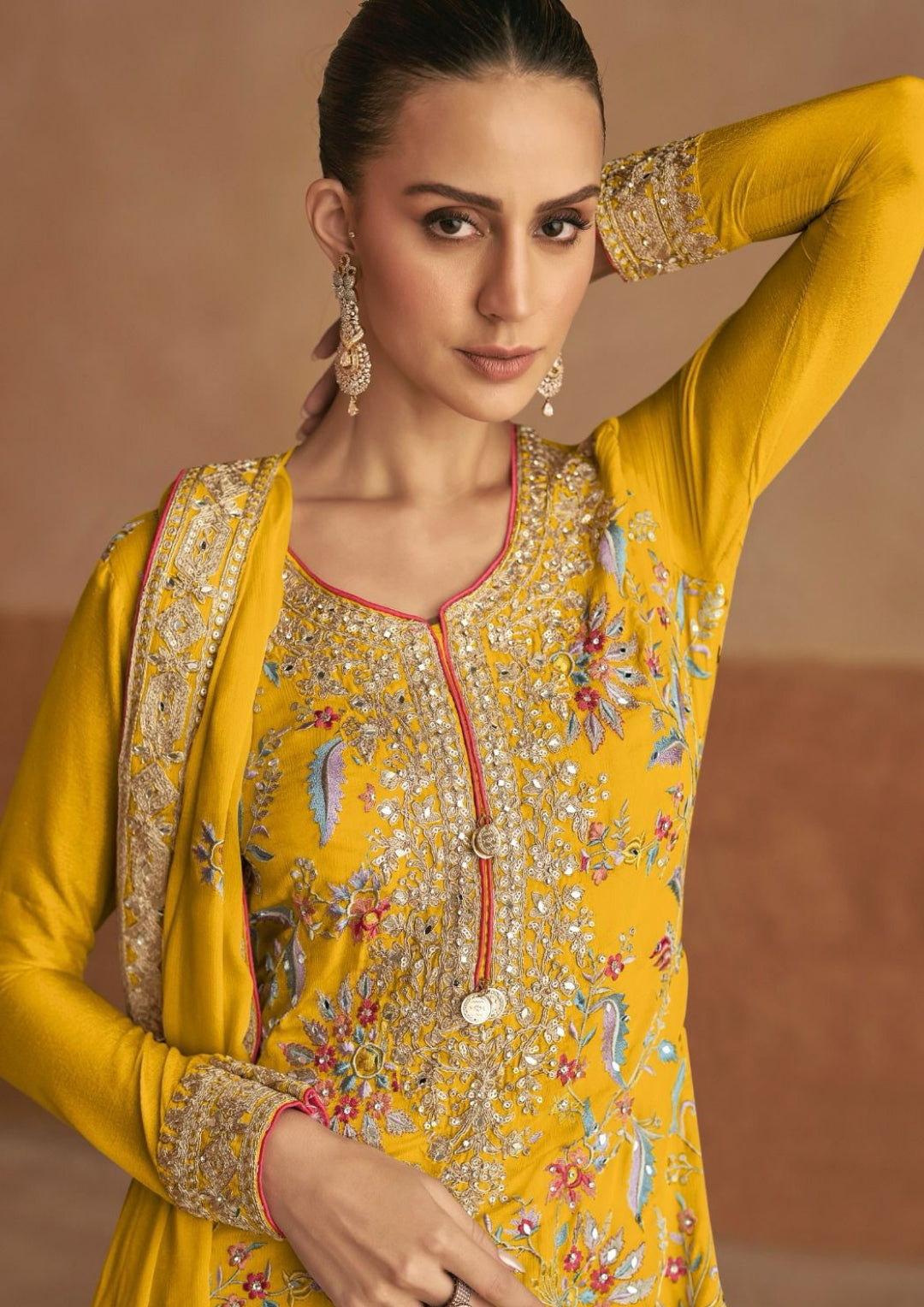 Alluring Mustard Chinon Palazzo-Bottom Suit Set
