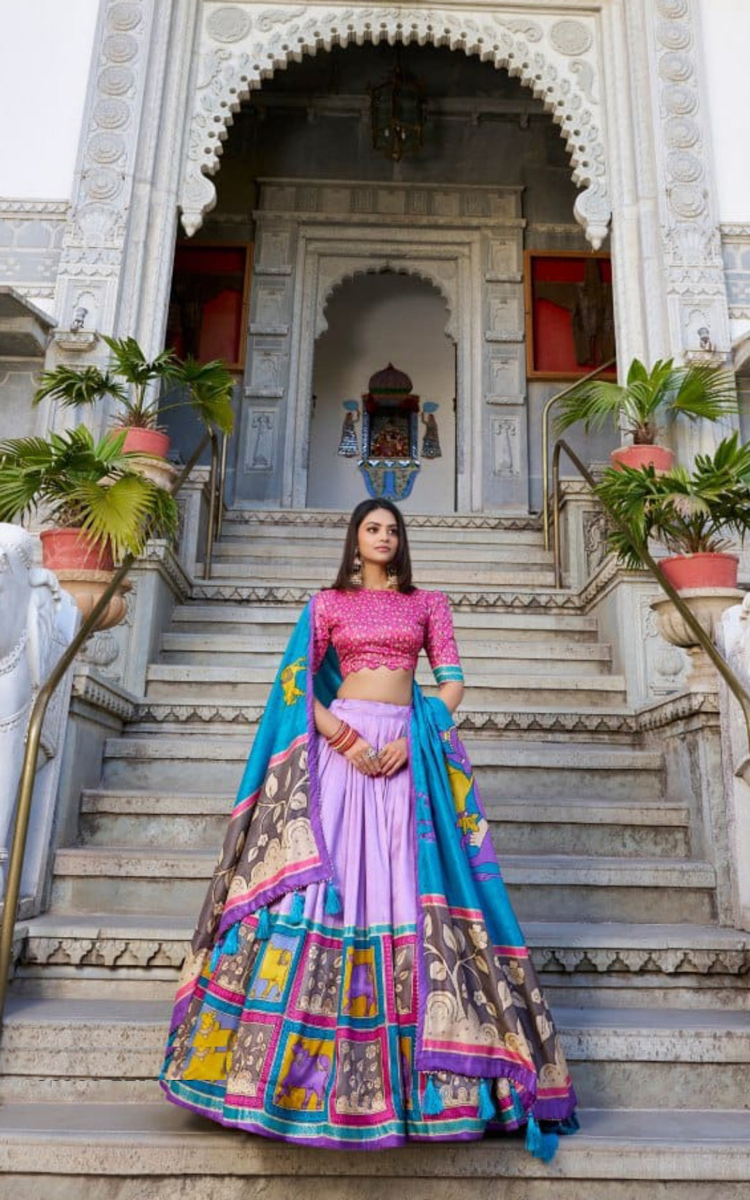 Women Lilac Multi Tussar Silk Floral Print Lehenga