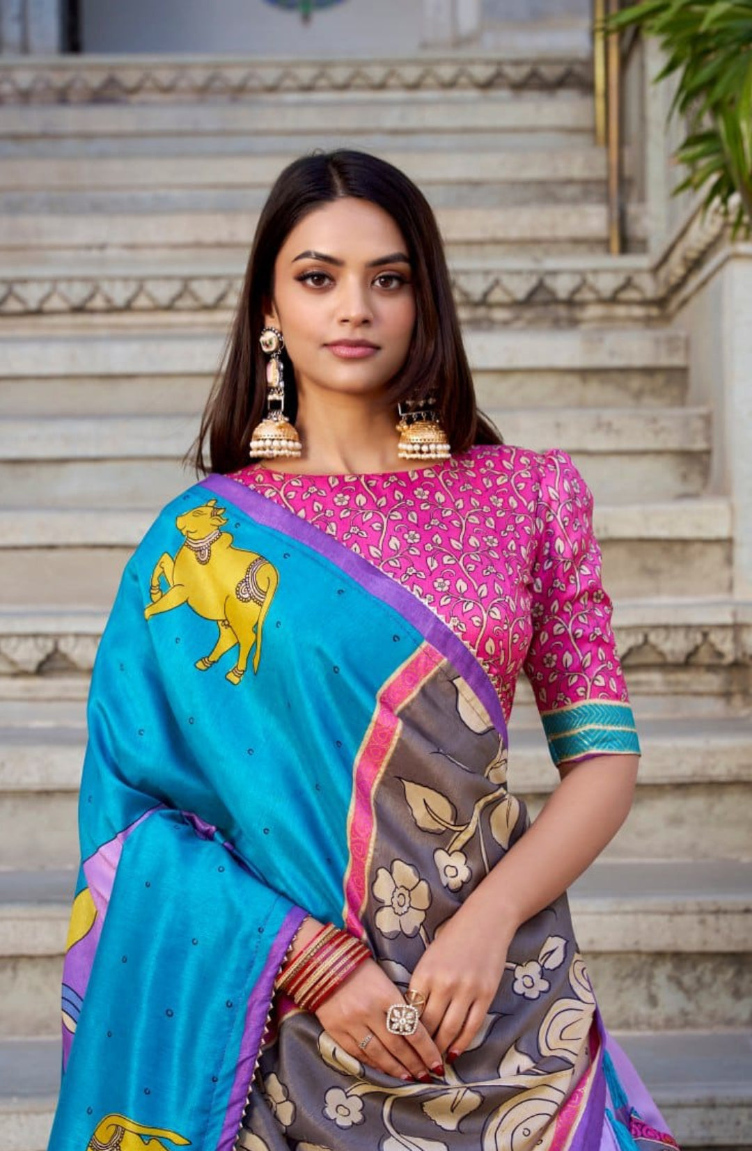 Women Lilac Multi Tussar Silk Floral Print Lehenga