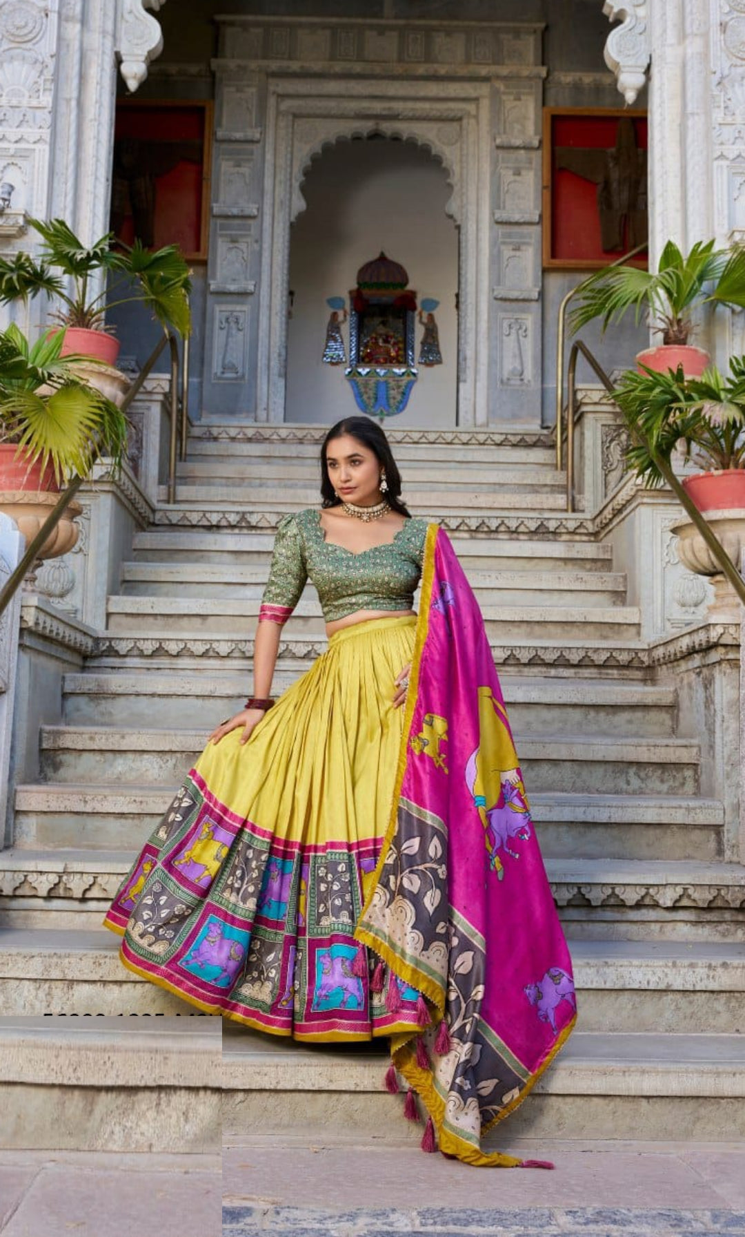 Women Mustard Multi Tussar Silk Floral Print Lehenga