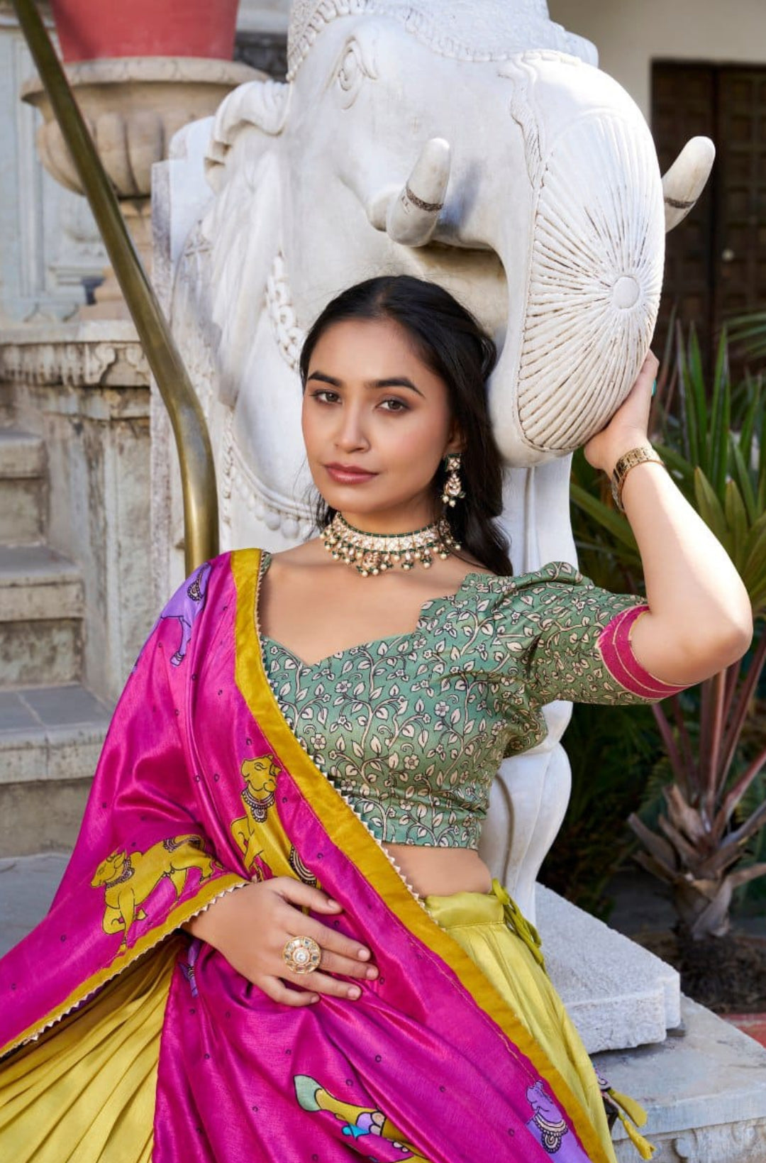 Women Mustard Multi Tussar Silk Floral Print Lehenga