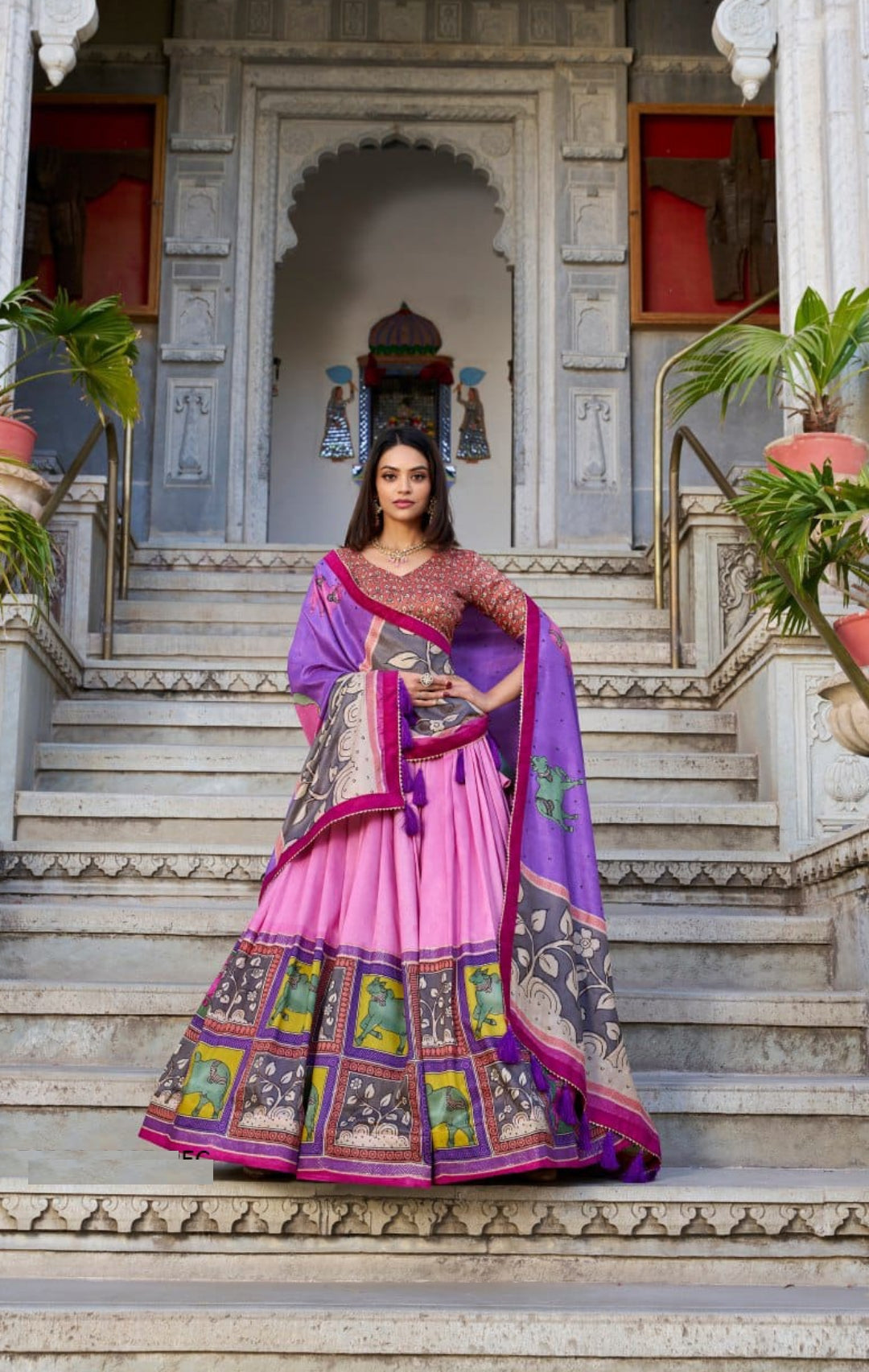 Women Purple Multi Tussar Silk Floral Print Lehenga