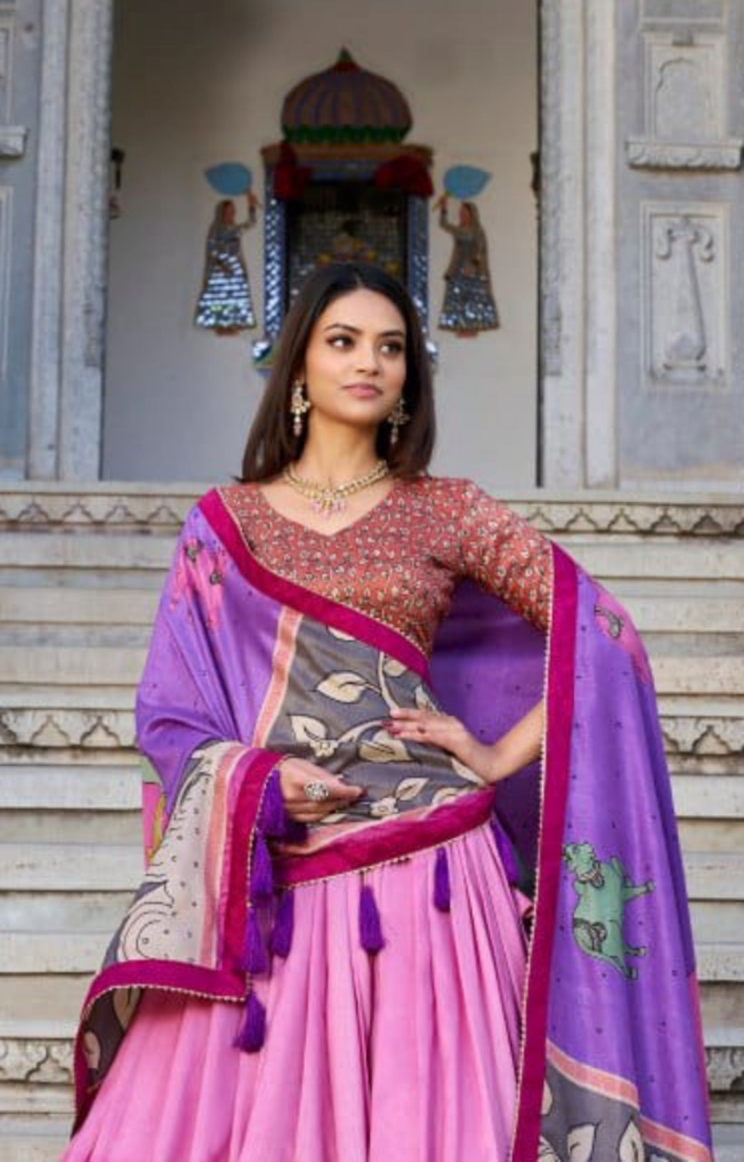 Women Purple Multi Tussar Silk Floral Print Lehenga