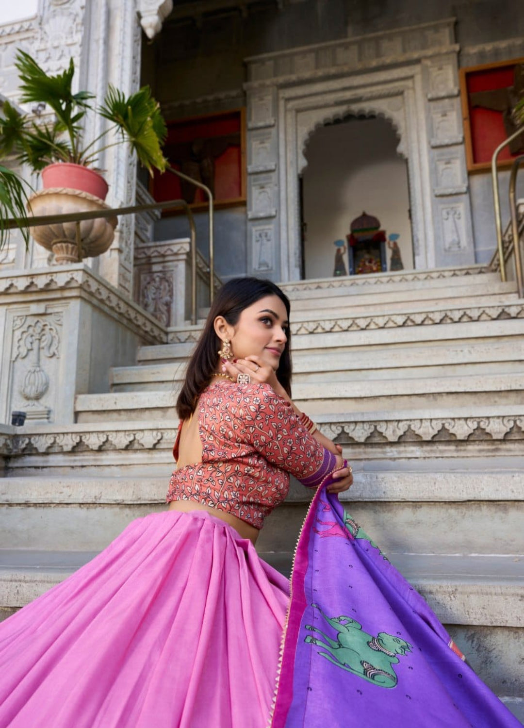 Women Purple Multi Tussar Silk Floral Print Lehenga