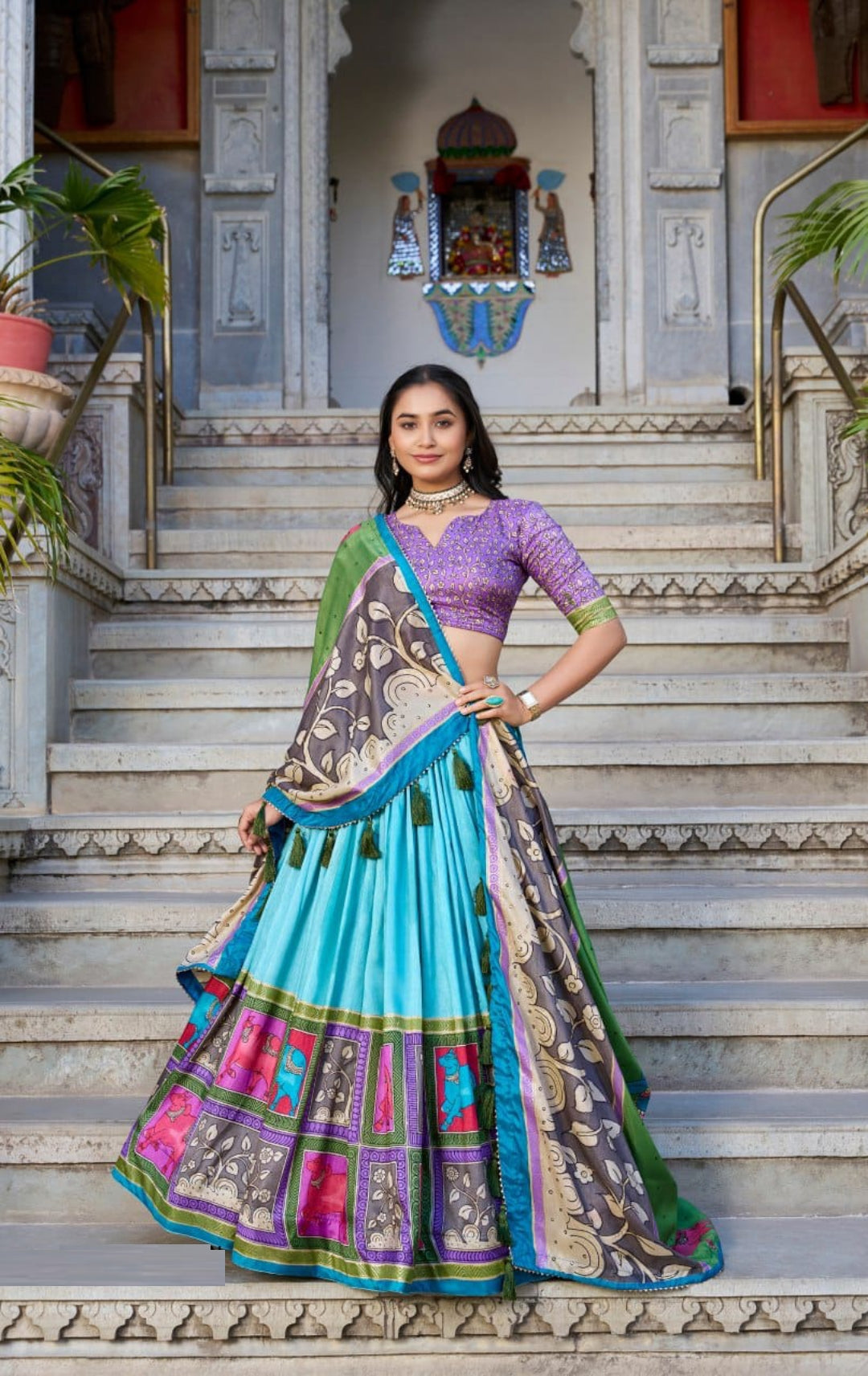 Women Blue Multi Tussar Silk Floral Print Lehenga