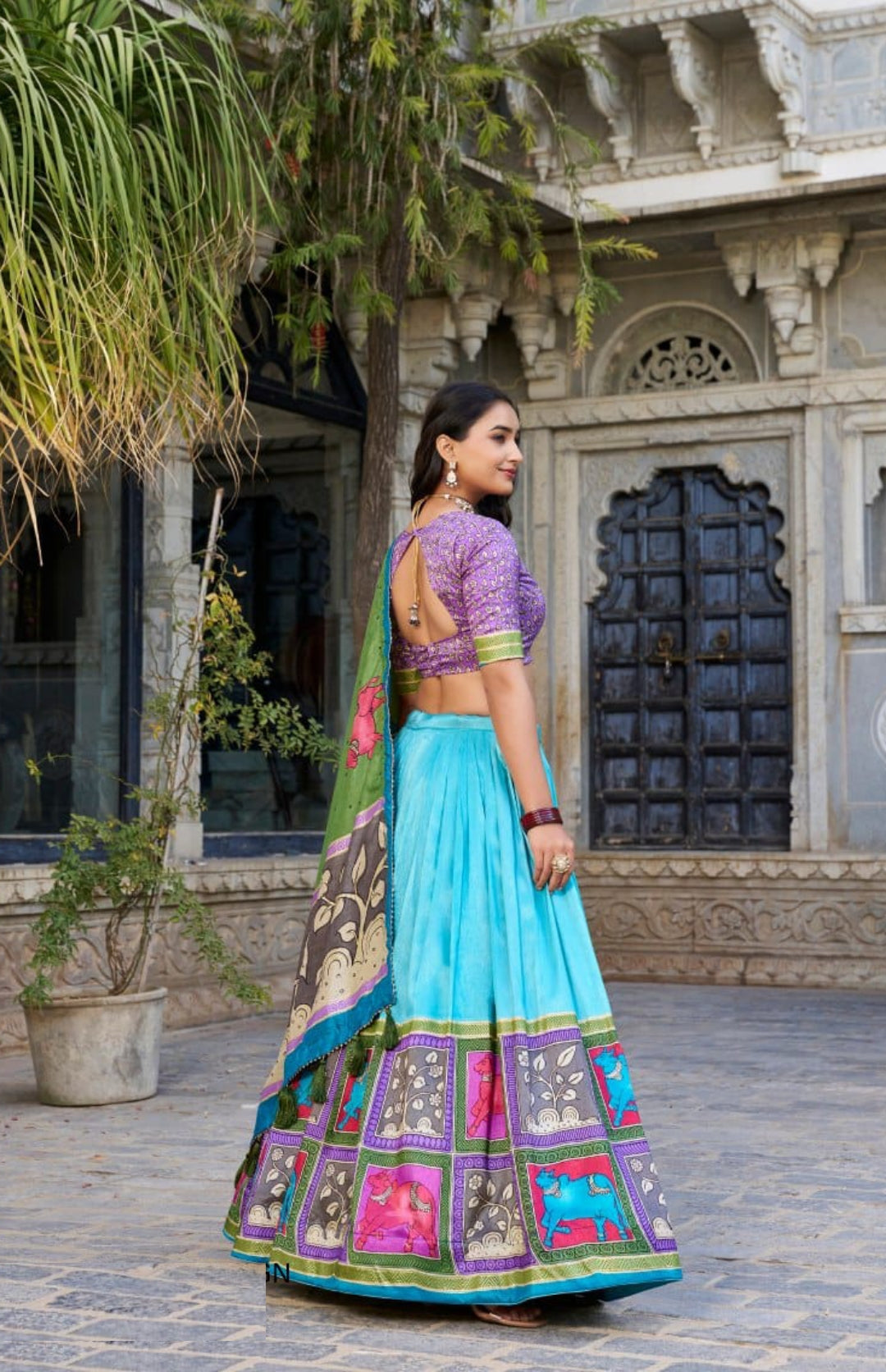 Women Blue Multi Tussar Silk Floral Print Lehenga