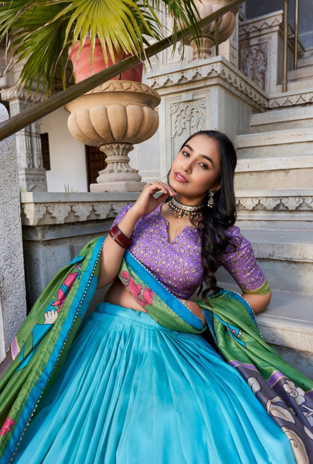 Women Blue Multi Tussar Silk Floral Print Lehenga