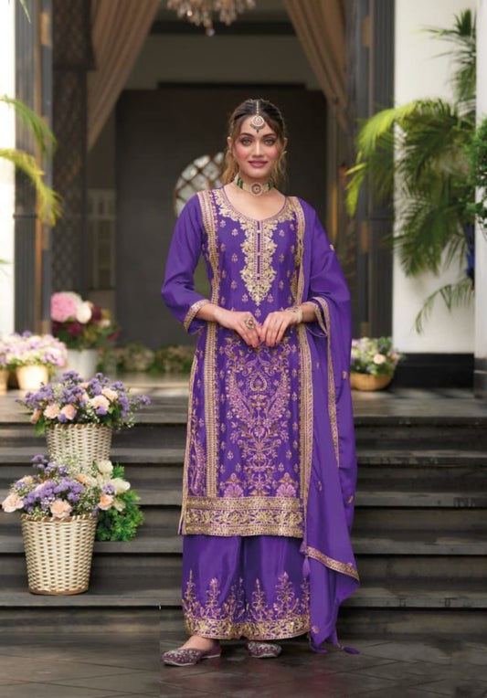 Sumptuous Purple Chinon With Embroidery Work Pakistani Suit Set