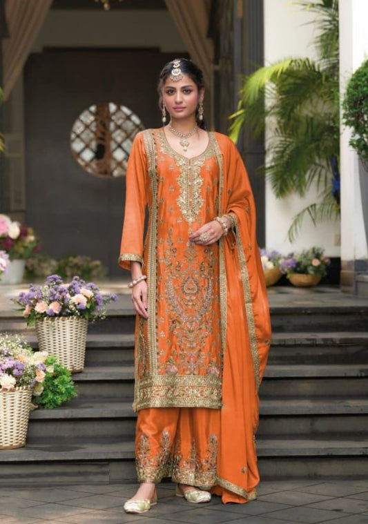 Statement-Making Orange Chinon With Embroidery Work Pakistani Suit Set