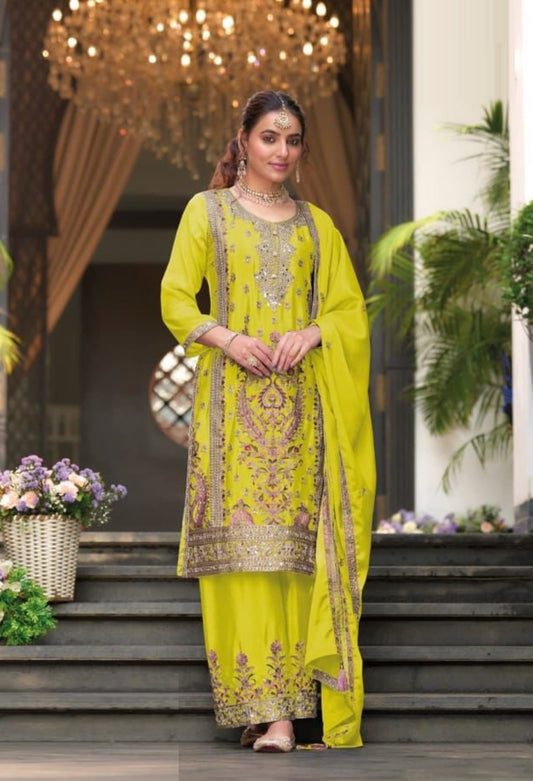 Couture Lemon Green Chinon With Embroidery Work Pakistani Suit Set