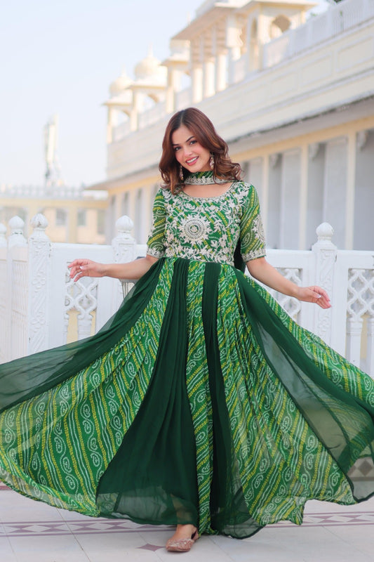 Women Green Georgette Bandhej Print With Embroidery Work Gown With Dupatta