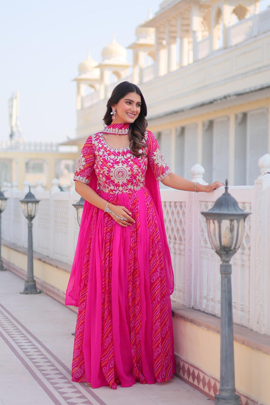 Women Pink Georgette Bandhej Print With Embroidery Work Gown With Dupatta