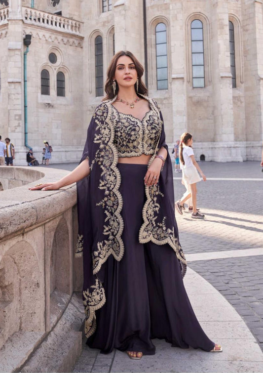 Tailored-To-Perfection Dark Purple Silk With Embroidery Work Indo-Western