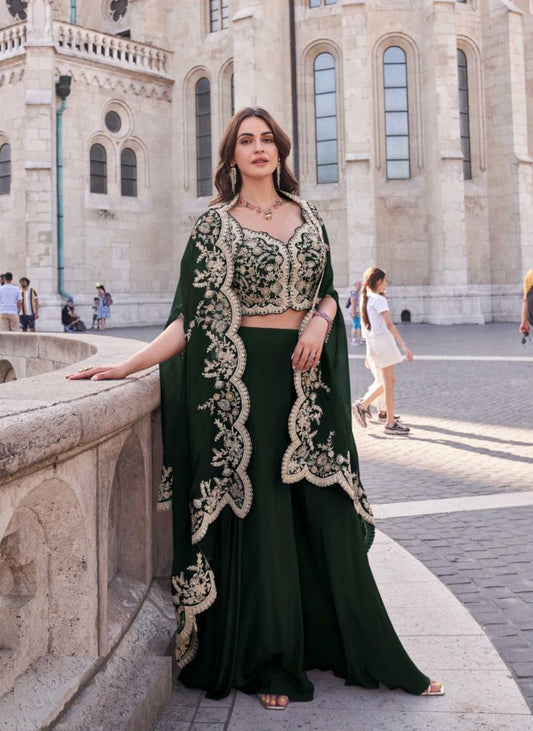 Lustrous Green Silk With Embroidery Work Indo-Western
