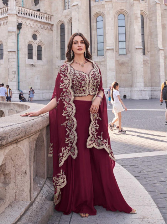 Amazing Wine Silk With Embroidery Work Indo-Western