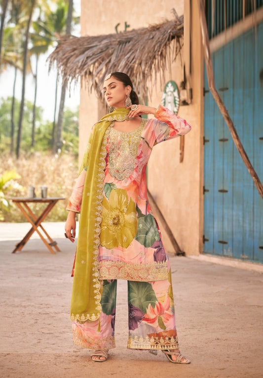 Fantastic Peach Multi Chinon With Embroidery Work Pant-Bottom Suit Set