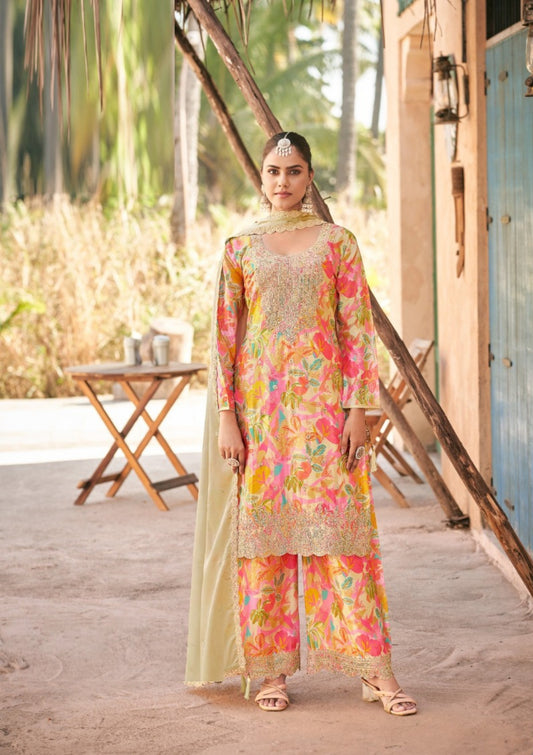Gorgeous Multicolor Chinon With Embroidery Work Pant-Bottom Suit Set