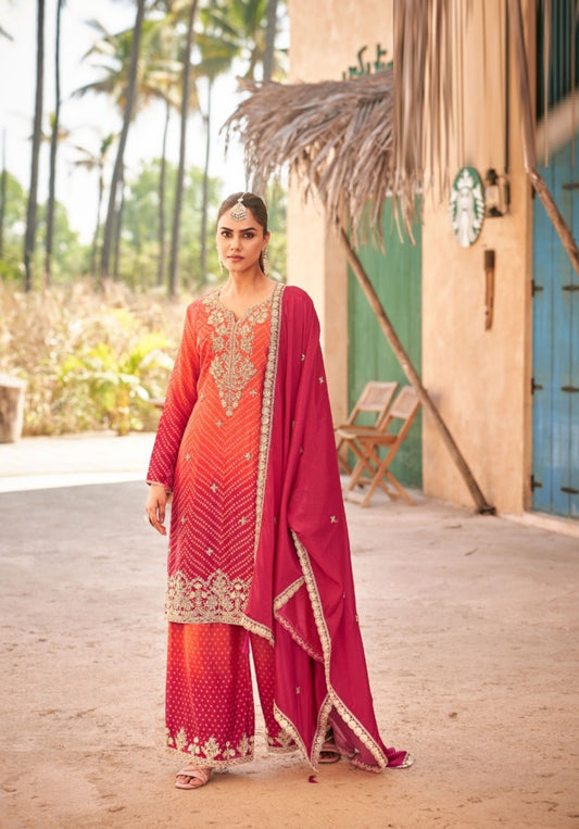 Stunnig Pink Chinon With Embroidery Work Pant-Bottom Suit Set