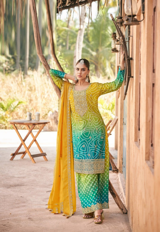 Lovely Mustard And Blue Chinon With Embroidery Work Pant-Bottom Suit Set