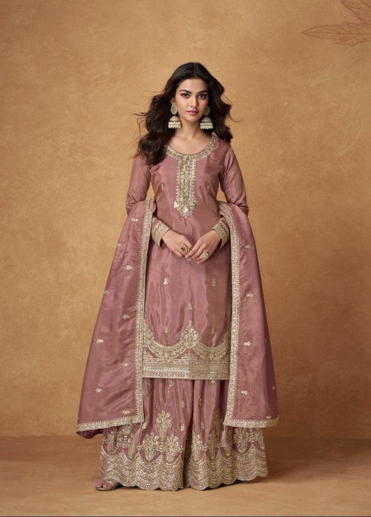 Exquisit Violet Organza Shimmr Silk Palazzo-Bottom Suit Set