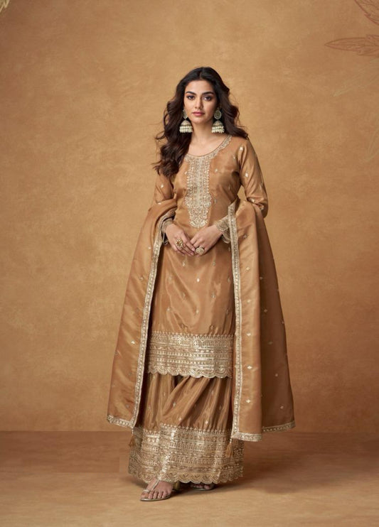 Spectacular Brown Organza Shimmr Silk Palazzo-Bottom Suit Set