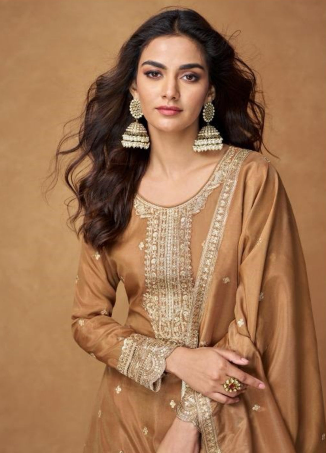 Spectacular Brown Organza Shimmr Silk Palazzo-Bottom Suit Set