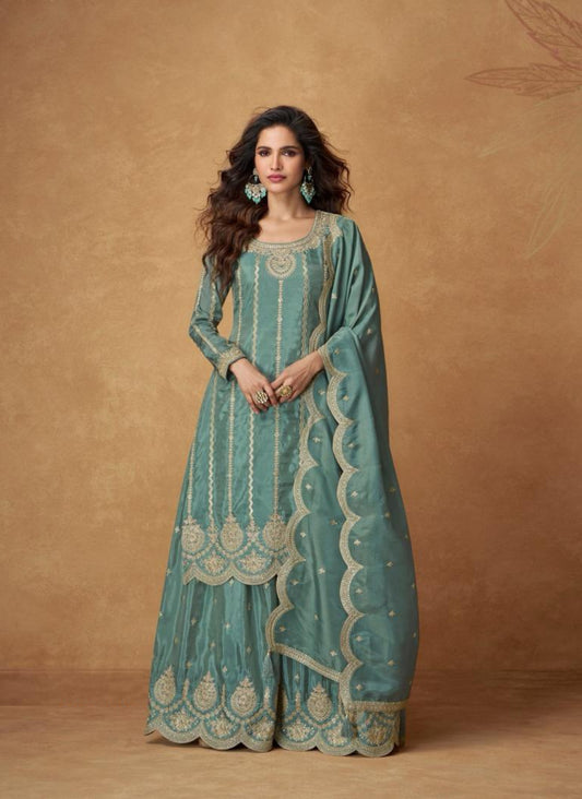 Captivating Steel Blue Organza Shimmr Silk Palazzo-Bottom Suit Set