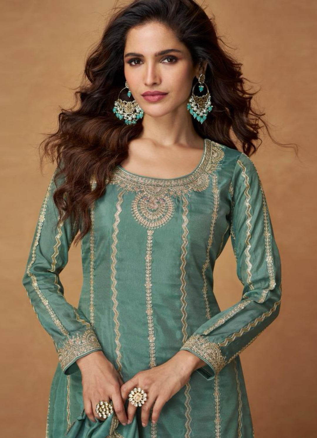 Captivating Steel Blue Organza Shimmr Silk Palazzo-Bottom Suit Set