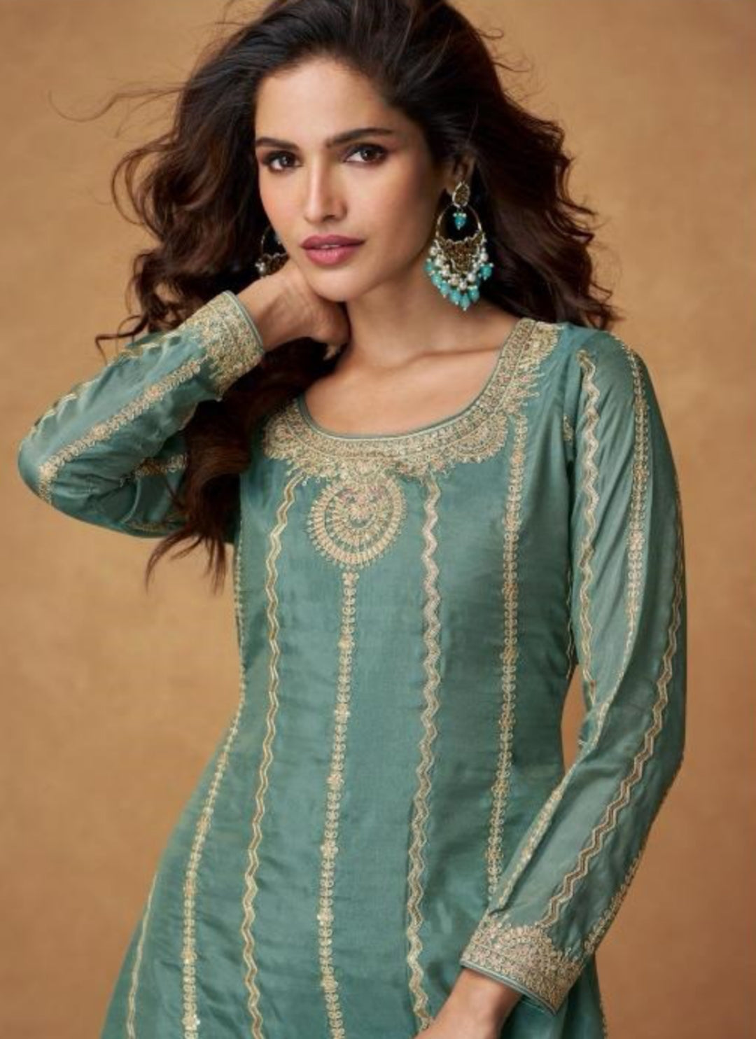 Captivating Steel Blue Organza Shimmr Silk Palazzo-Bottom Suit Set