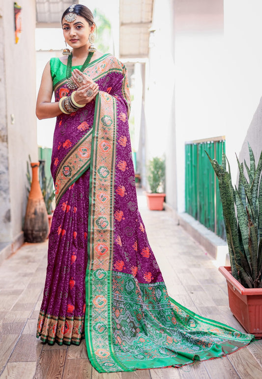 Women Purple And Green Patola Silk Saree