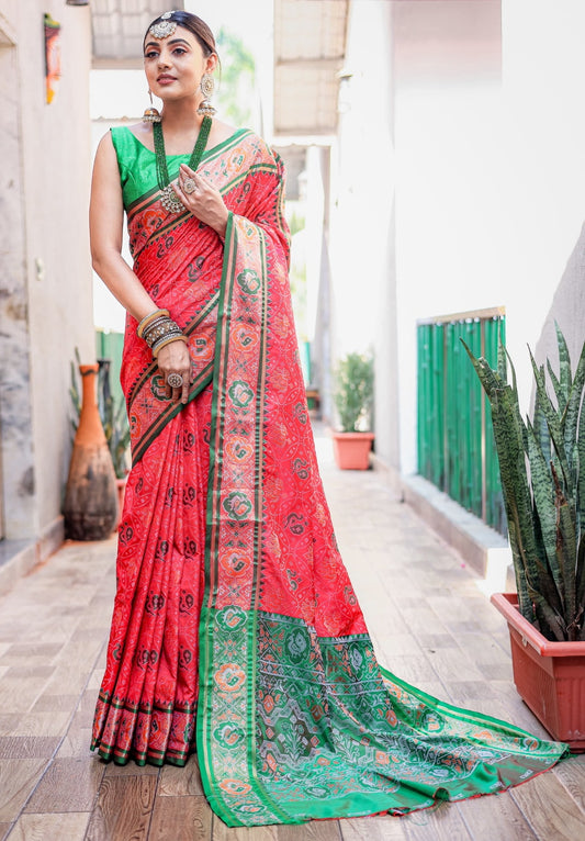Women Coral And Green Patola Silk Saree