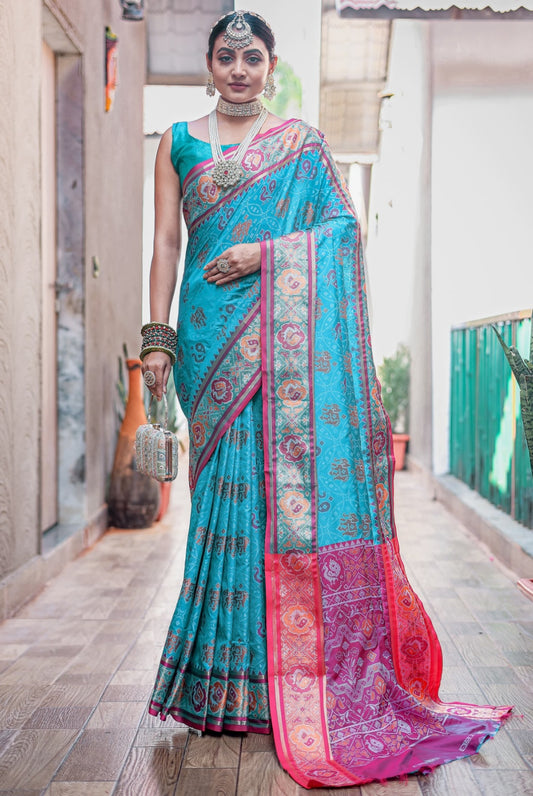 Women Teal Patola Silk Saree