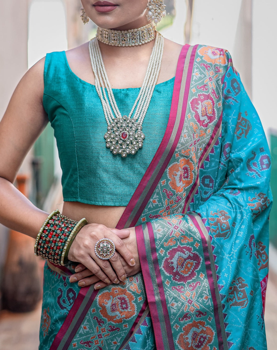 Women Teal Patola Silk Saree
