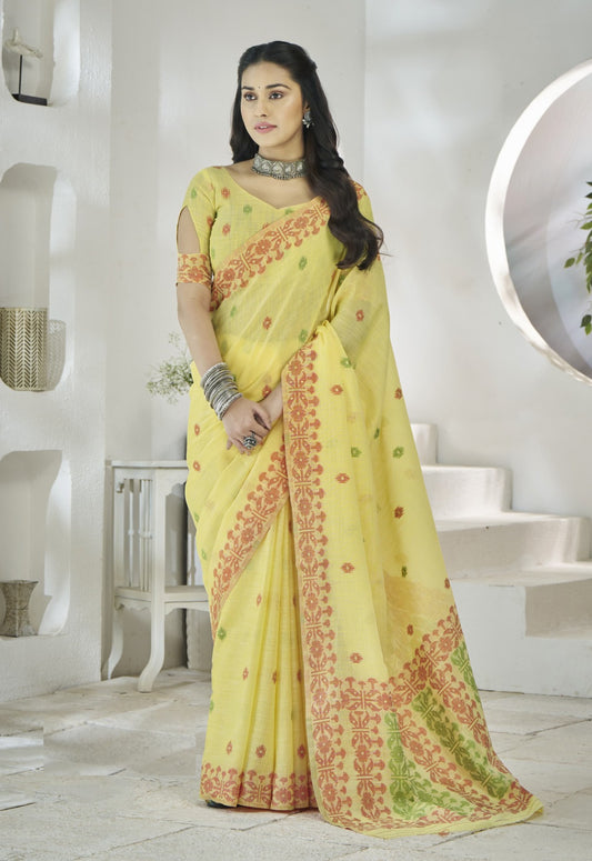 Women Yellow Linen Cotton Saree