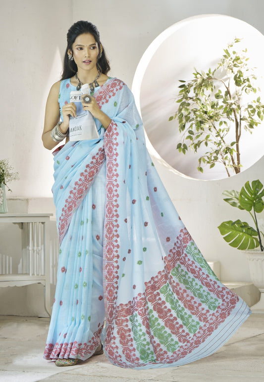 Women Sky Blue Linen Cotton Saree