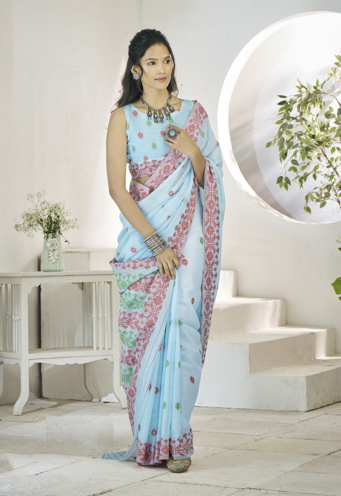 Women Sky Blue Linen Cotton Saree