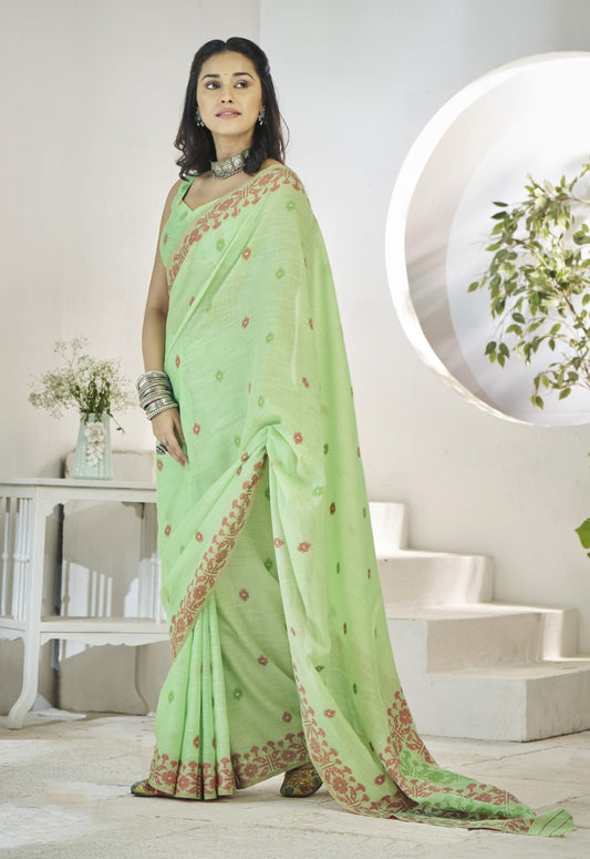 Women Sea Green Linen Cotton Saree