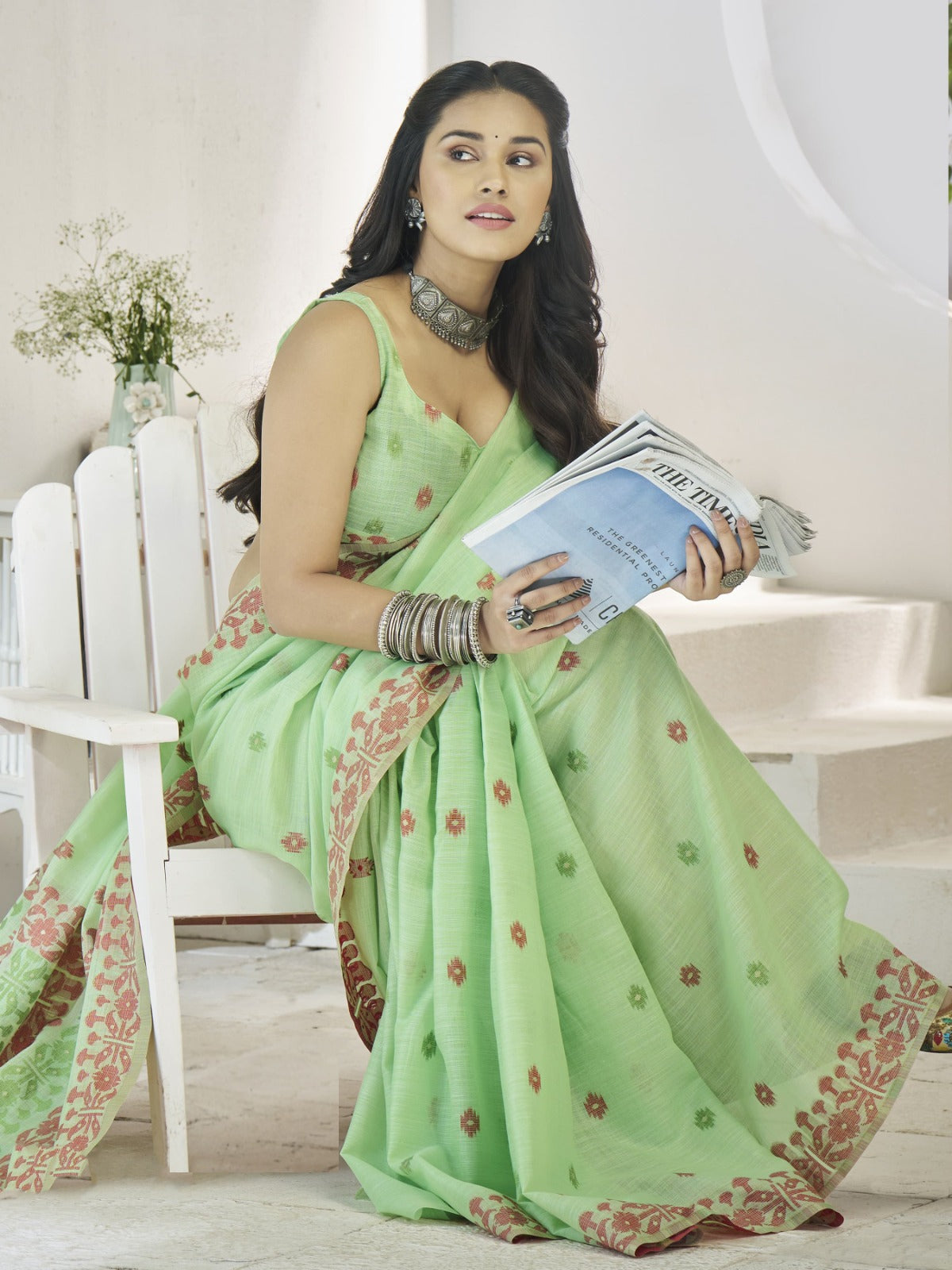 Women Sea Green Linen Cotton Saree