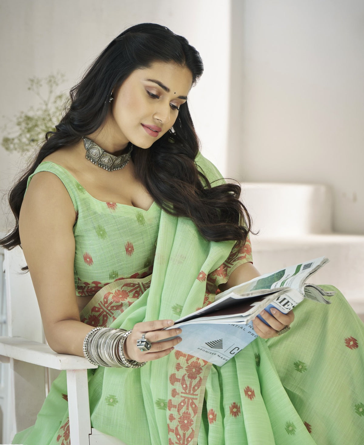Women Sea Green Linen Cotton Saree