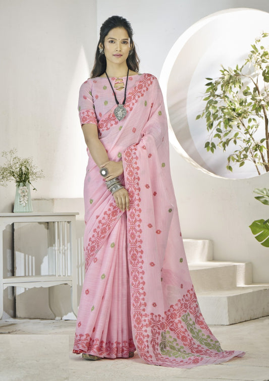 Women Light Pink Linen Cotton Saree