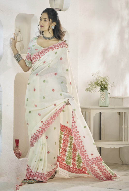 Women White Linen Cotton Saree