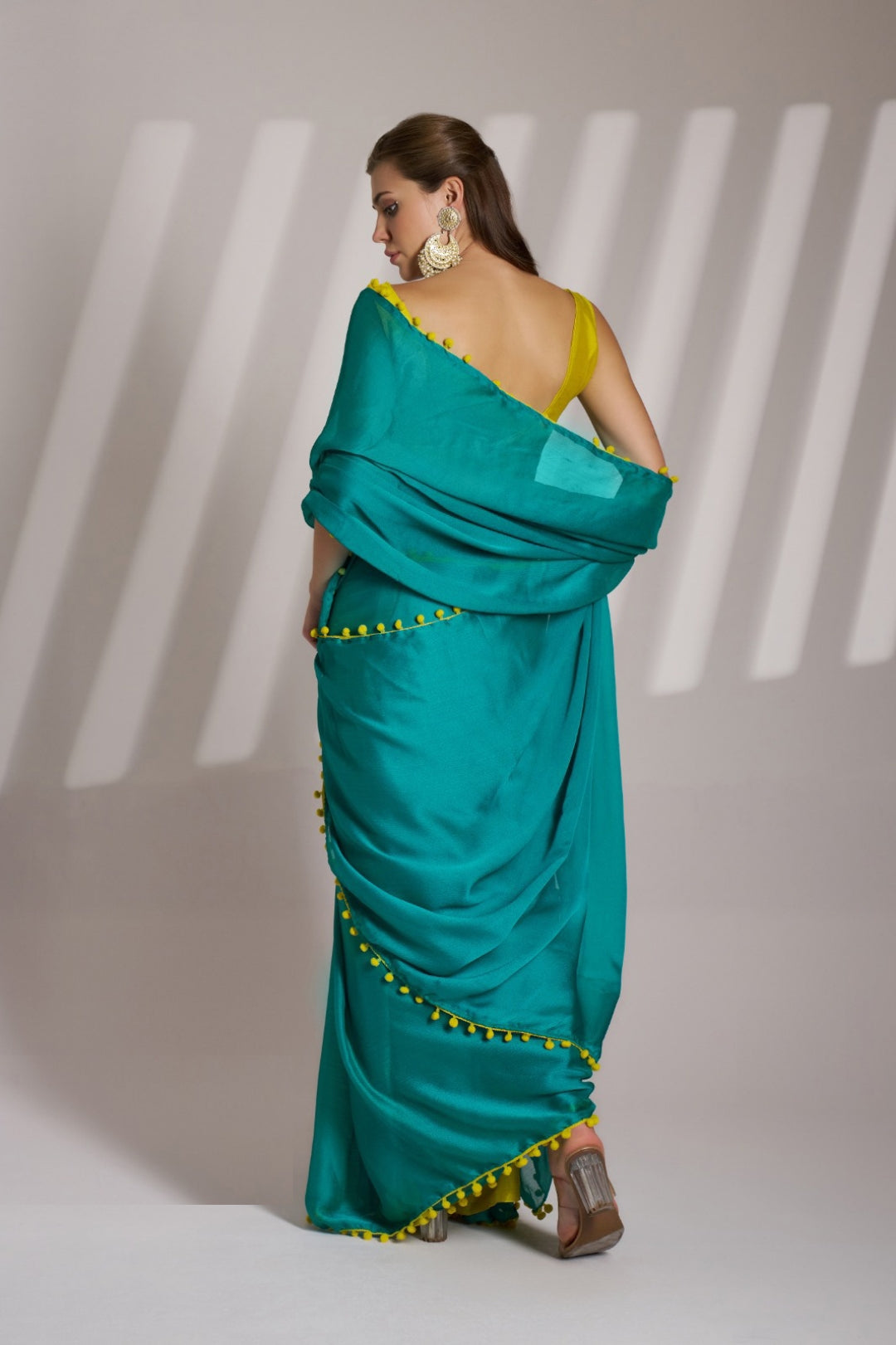 Women Teal And Mustard Chiffon Bollywood Saree
