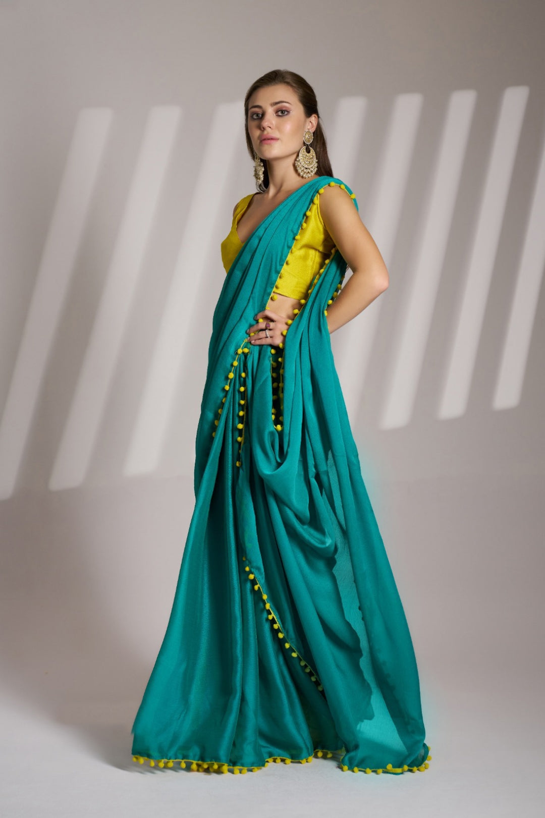 Women Teal And Mustard Chiffon Bollywood Saree