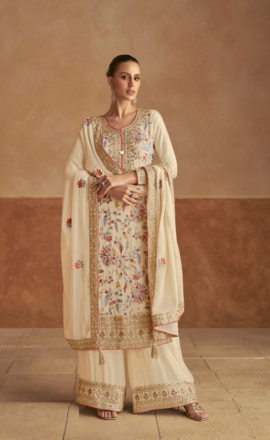 Spectacular Off White Chinon Palazzo Bottom Suit Set