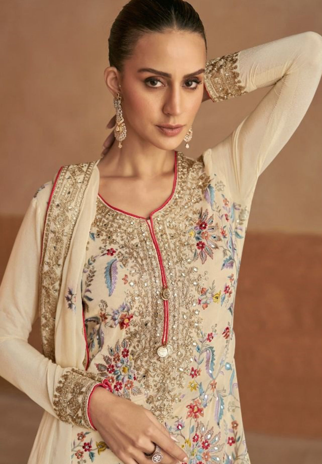 Spectacular Off White Chinon Palazzo Bottom Suit Set