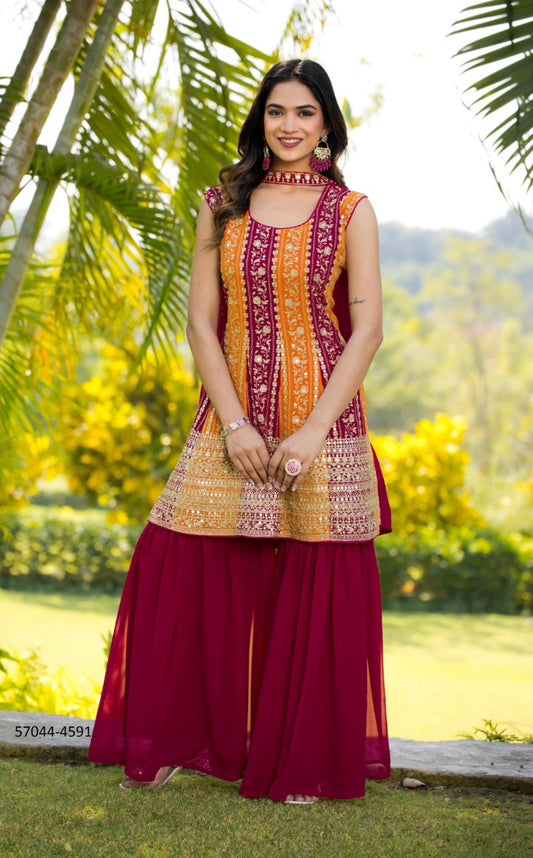 Women Orange And Wine Georgette With Sequins Embroidery Work Gharara Bottom Suit Set