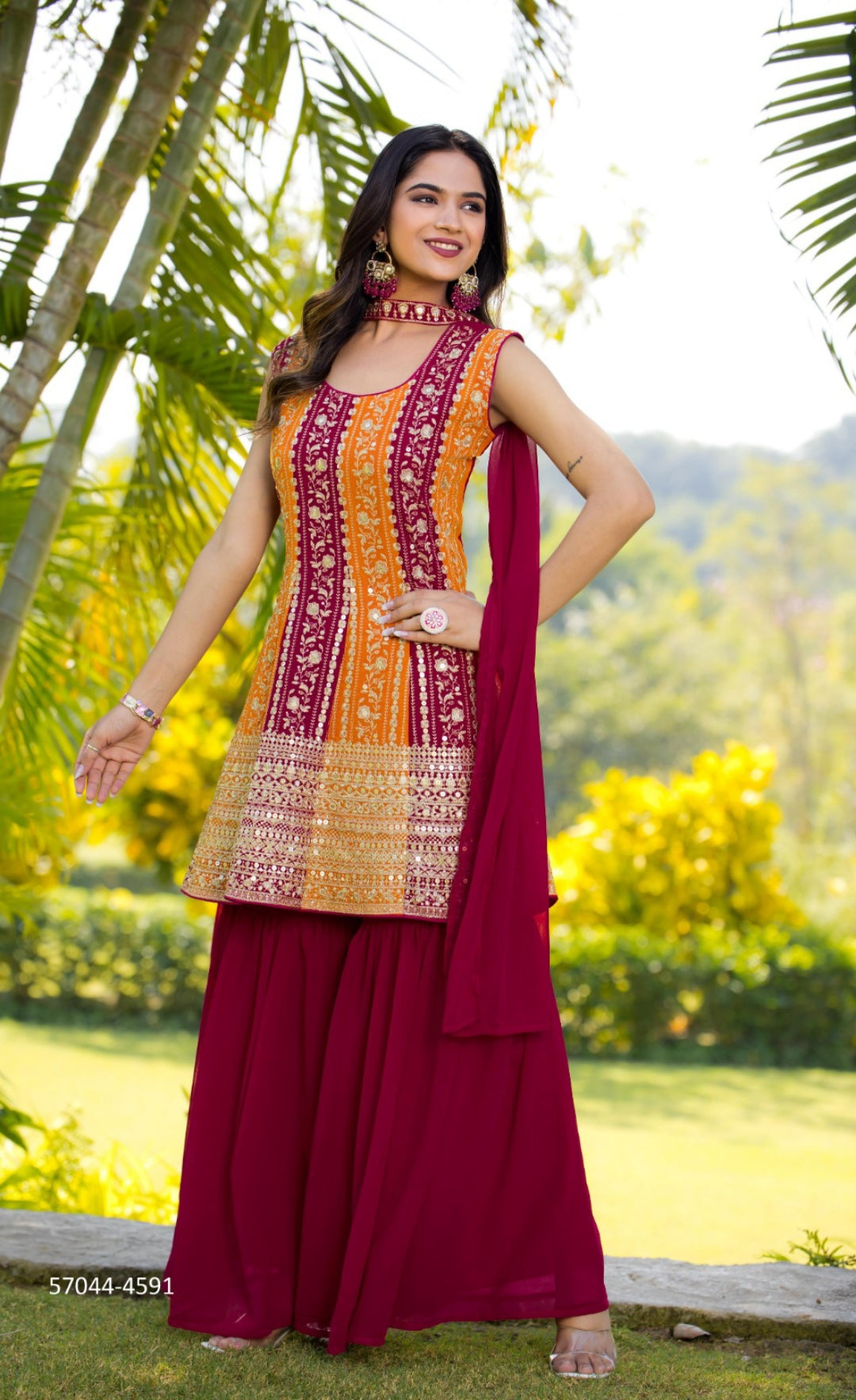 Women Orange And Wine Georgette With Sequins Embroidery Work Gharara Bottom Suit Set